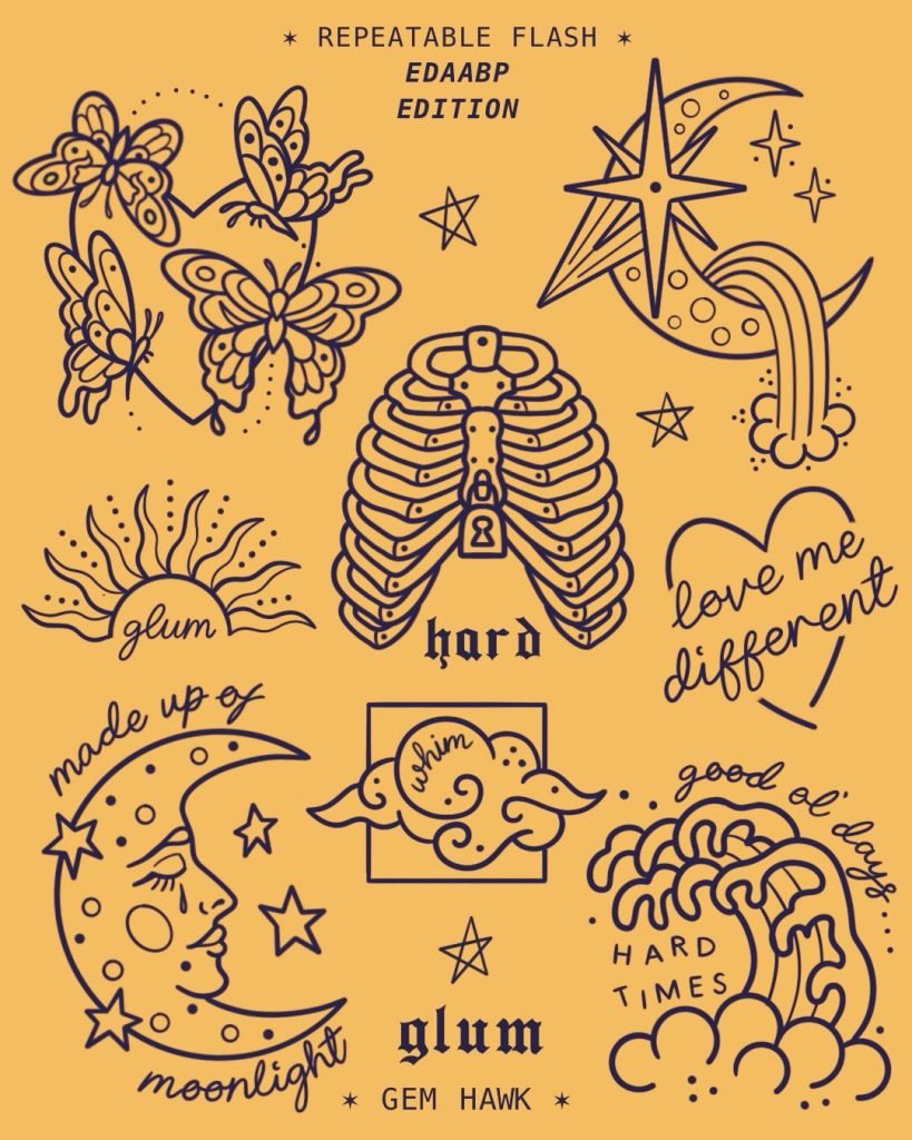 EDAABP repeatable flash sheet by Gem Hawk: butterflies, moon and star, glum sun, hard ribcage, love me different heart, made up of moonlight moon, whim cloud, good ol days wave