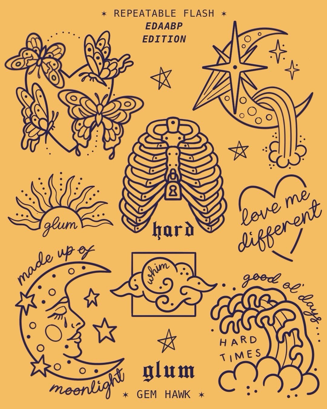 EDAABP repeatable flash sheet by Gem Hawk: butterflies, moon and star, glum sun, hard ribcage, love me different heart, made up of moonlight moon, whim cloud, good ol days wave