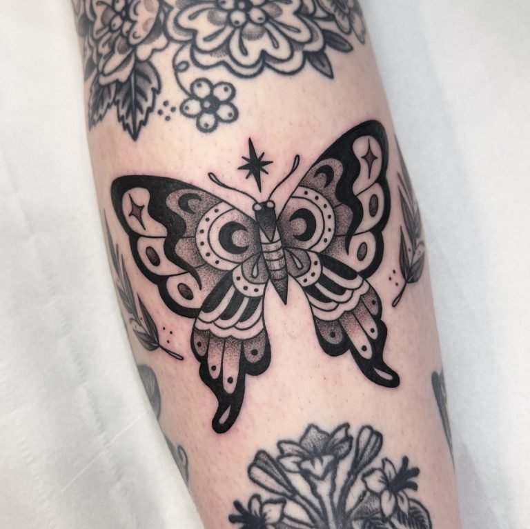 Black and grey butterfly tattoo with dotwork shading by Gem Hawk